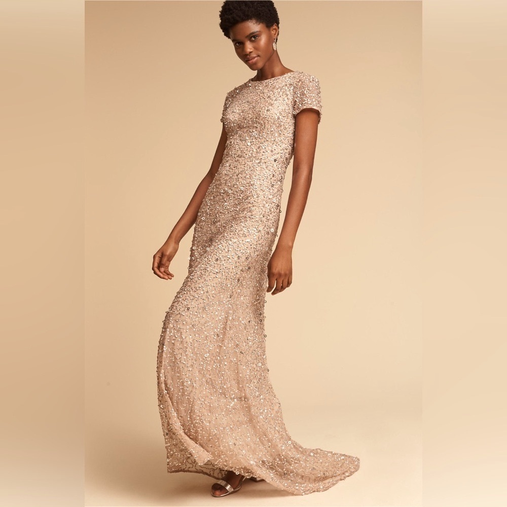 Anthropologie BHLDN Adrianna Papell Lucent Elegant Gold Sequin Evening G… - Picture 3 of 10